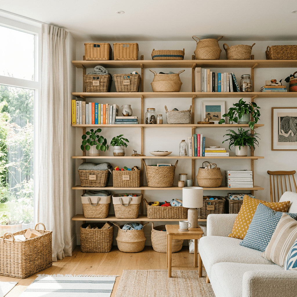 Living room shelves with woven baskets, plants, books, and decorative items