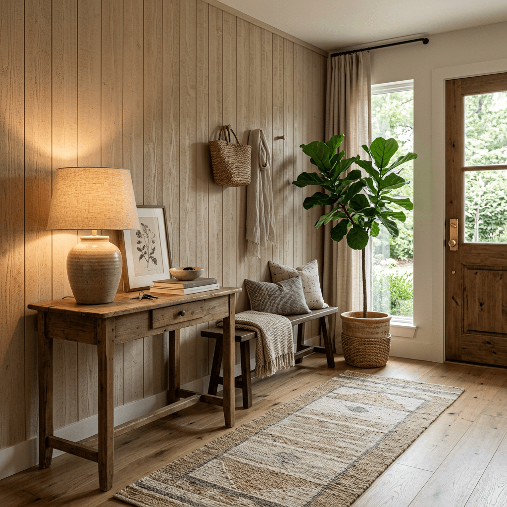Rustic wooden console table with lamp, potted plant, bench with pillows in cozy entryway