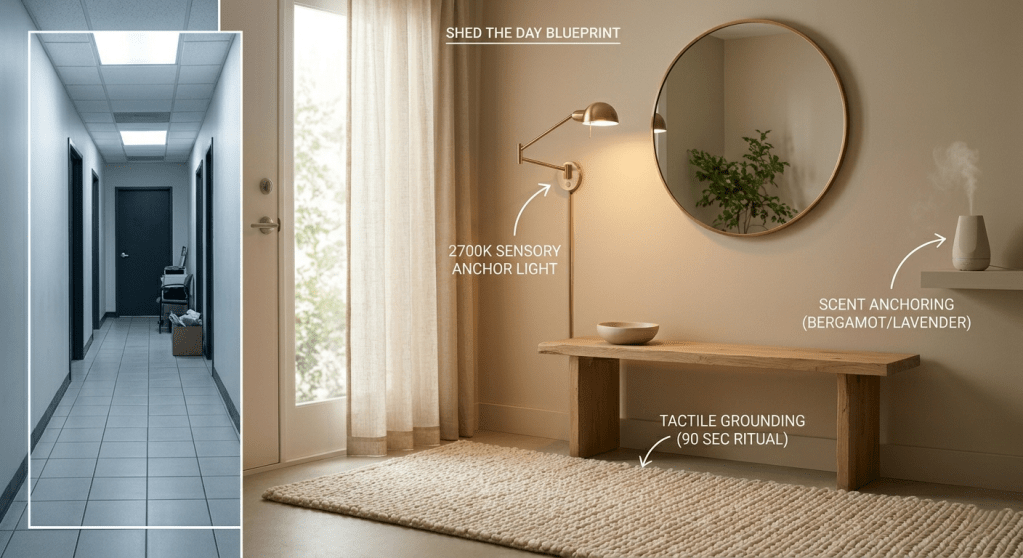 photorealistic interior blueprint of an ideal decompression entryway, maintaining the warm aesthetic . It uses illustrative white text and arrow callouts to define specific sensory points (e.g., "2700K Warm Light Anchor" and "Chunky Tactile Wool"). It features a small inset comparison panel illustrating a cold, cluttered corridor.