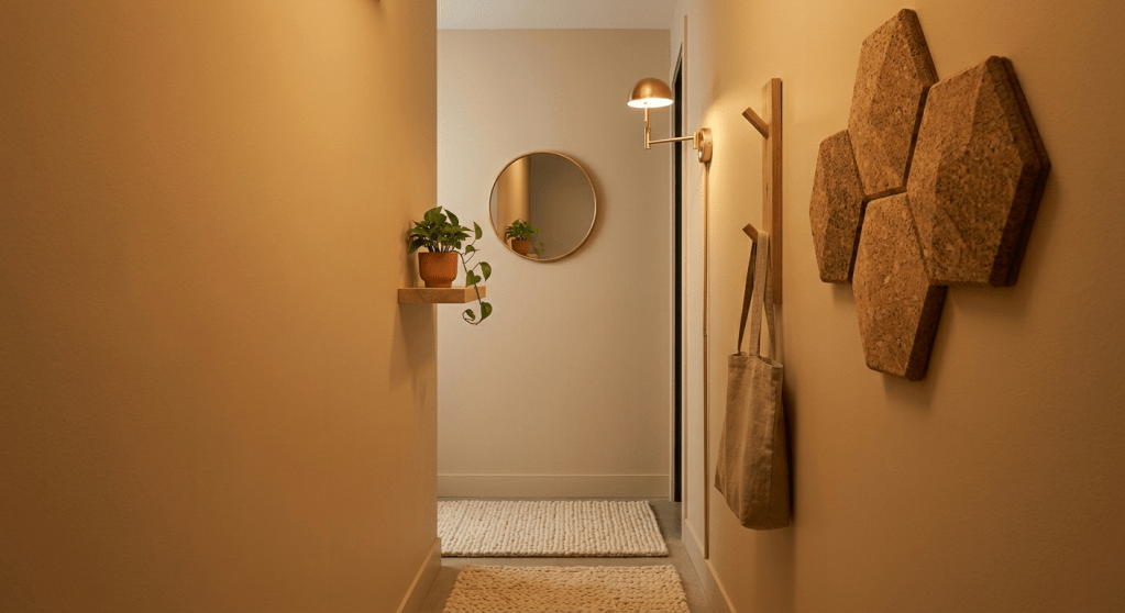 A photorealistic eye-level view of a tight, narrow corridor entryway. All established sensory elements are integrated vertically: hexagonal cork tiles, a warm brass sconce, a small high shelf with a Pothos plant , and a narrow slice of the chunky rug  emphasize clever, vertically stacked solutions in a constrained space.