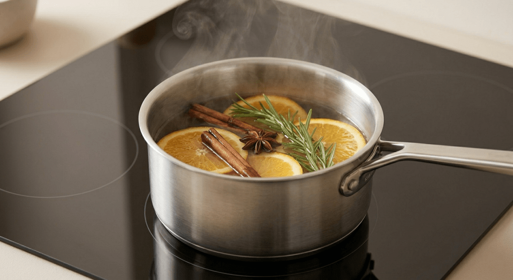 A high-definition, realistic tactical close-up shot focused on a small, minimalist stainless steel simmering pot on a modern stovetop. Inside the water, visible slices of fresh orange, whole cinnamon sticks, whole cloves, and sprigs of rosemary are gently steeping. Soft, gentle steam visibly rises from the water, suggesting an inviting kitchen fragrance.