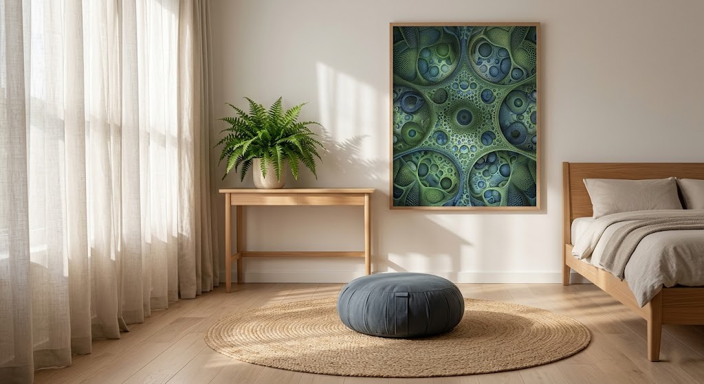 A peaceful bedroom meditation corner with a potted fern, a woven rug, and nature-inspired watercolor wall art, visually demonstrating a restorative, low-complexity environment.