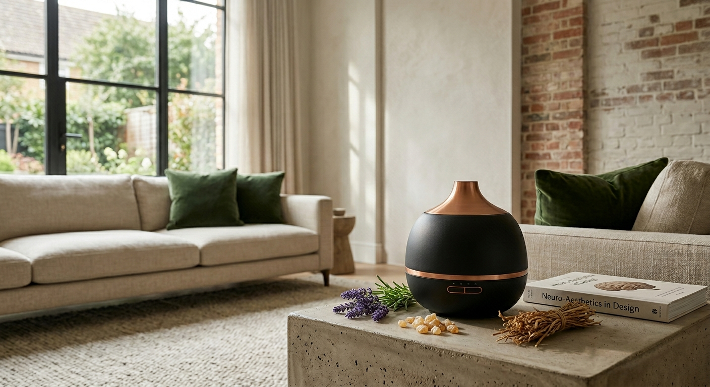 A high-definition, realistic photograph of a luxurious, minimalist living room featuring a concrete coffee table in the foreground. On the table sits an elegant matte black and copper oil diffuser, next to a textbook titled 'Neuro-Aesthetics in Design,' fresh lavender sprigs, frankincense resins, and dried vetiver roots. In the background, a light-filled neutral linen sofa with sage green pillows stands before a large window looking out onto a garden.