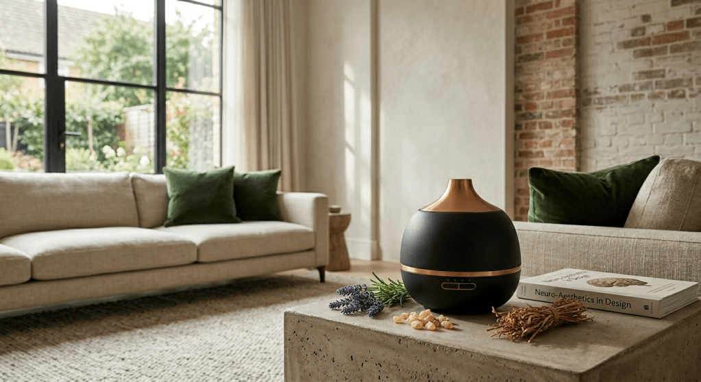 A high-definition, realistic photograph of a luxurious, minimalist living room featuring a concrete coffee table in the foreground. On the table sits an elegant matte black and copper oil diffuser, next to a textbook titled 'Neuro-Aesthetics in Design,' fresh lavender sprigs, frankincense resins, and dried vetiver roots. In the background, a light-filled neutral linen sofa with sage green pillows stands before a large window looking out onto a garden.