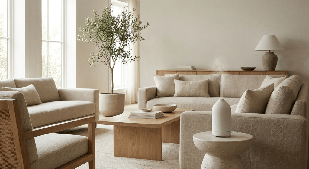 An ultra-realistic, high-definition photograph of a serene, minimalist living room designed for wellness. The space features natural textures like oatmeal linen sofas, light oak wood furniture, and large windows with soft natural light illuminating a potted olive tree. On a textured ceramic side table sits a sleek, white ultrasonic essential oil diffuser emitting a faint, barely visible mist. The overall atmosphere is calm and restorative.