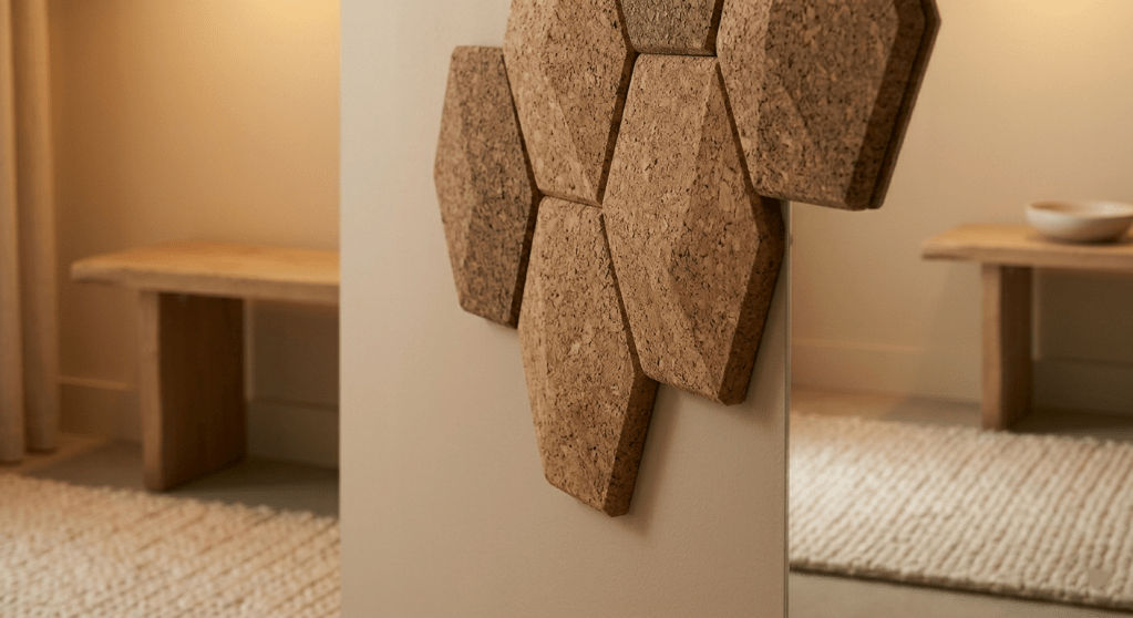 A close-up photograph of decorative, hexagonal cork tiles mounted on a warm beige wall with visible adhesive strips, illustrating a renter-friendly acoustic solution for entryways, consistent with the aesthetic.