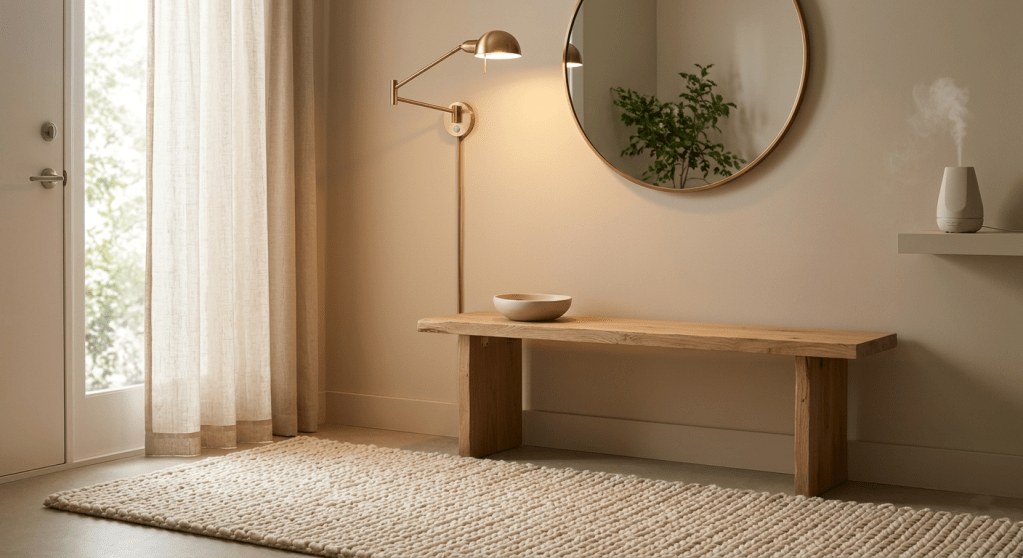 A photorealistic interior view of a calm, textured apartment entryway featuring a chunky wool rug, raw wood bench, and soft, warm ambient light, establishing a 'Quiet Luxury' decompression zone.