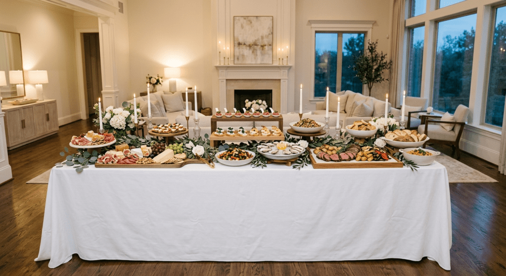 A professionally styled buffet table set up on a white linen tablecloth in a spacious, elegant living room. The tablescape features tiered food displays, brass candlesticks, and greenery, set against a background of a neutral living room interior with large windows and a fireplace.