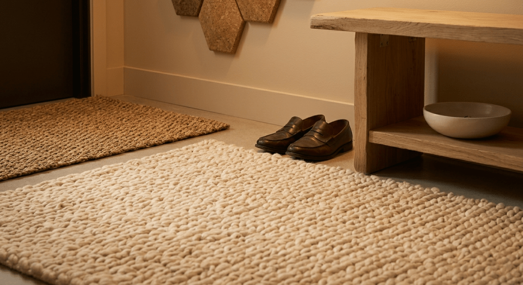 A low-angle close-up focusing on deep textures: the chunky wool rug and raw wood bench base. A pair of office shoes rests next to a highly textured seagrass mat, illustrating the physical 'shoes off' grounding ritual.