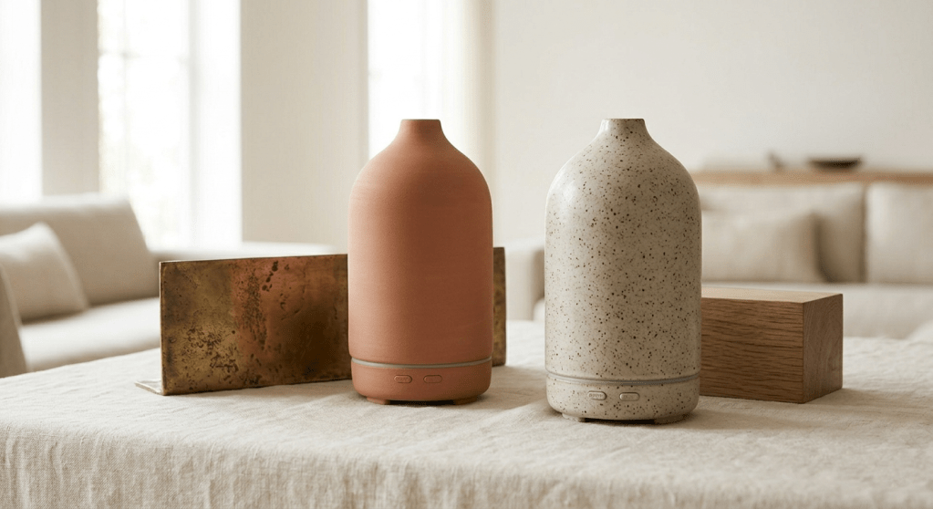 A high-definition styled photograph, resembling a minimalist interior design editorial spread, featuring a curated collection of artisanal scent vessels arranged on a textured cream linen surface, bathed in soft, natural morning light. It includes an unglazed terracotta passive diffuser and a speckled ceramic ultrasonic diffuser, next to a piece of aged, textured brass decor. The background is a softly blurred, bright minimalist interior.