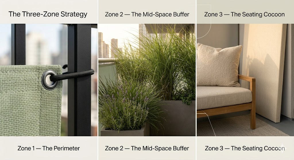 A three-part design collage illustrating Zone 1: Perimeter wind screen, Zone 2: Mid-space plant buffer, and Zone 3: Seating cocoon with aesthetic acoustic wall panels for renters
