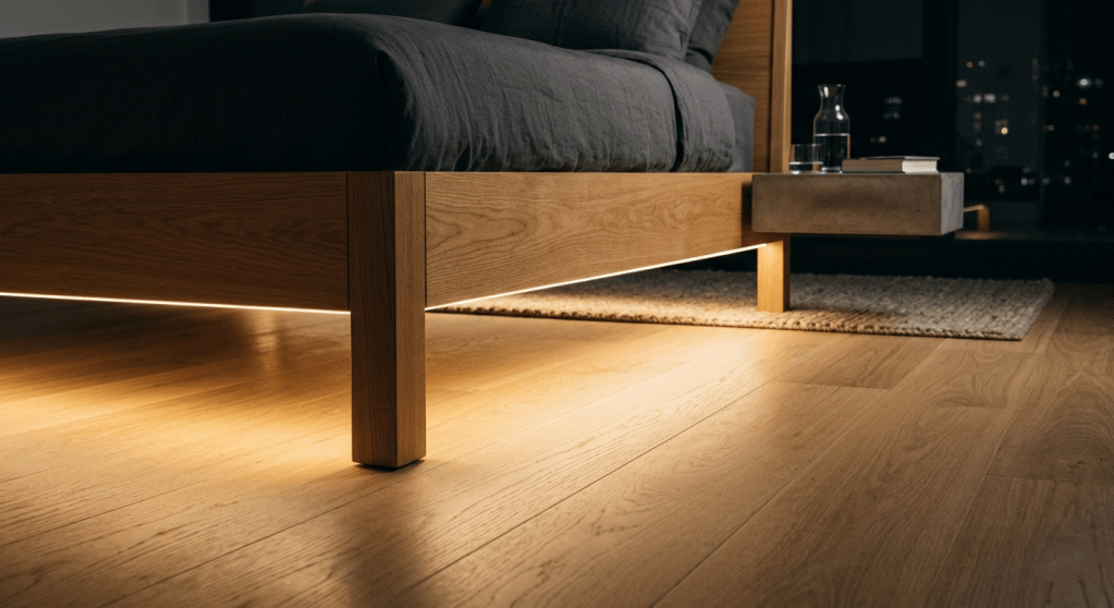 Warm white LED strip lighting installed under a wooden bed frame, providing soft floor-level illumination that doesn't disrupt melatonin production.