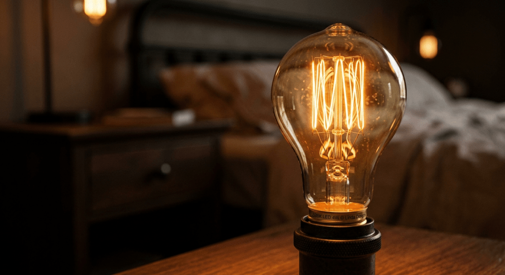 Close-up of a glowing 2200K amber LED Edison filament bulb, showing the warm orange light used for reducing blue light exposure in bedrooms.
