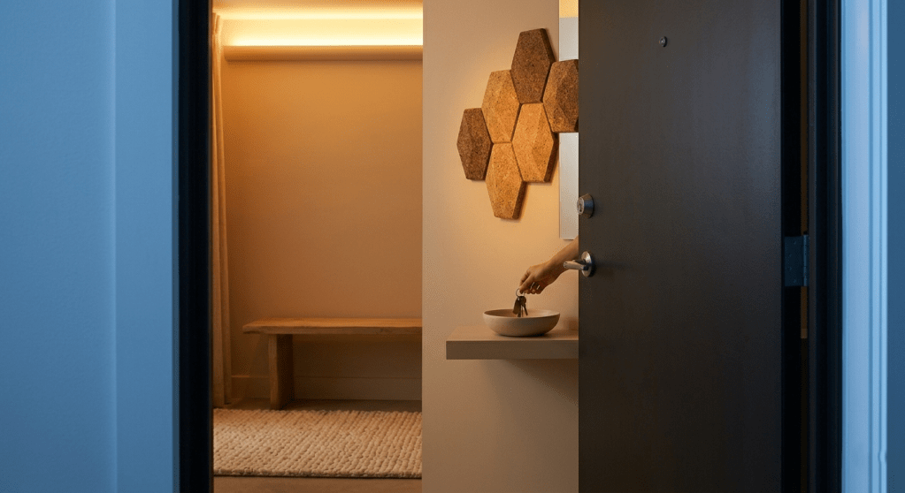 An entryway view showing a stark contrast: cool blue hallway light on one side of a matte charcoal door, and the warm, inviting 2200K amber glow illuminating the bench and rug inside, creating an immediate sense of calm.