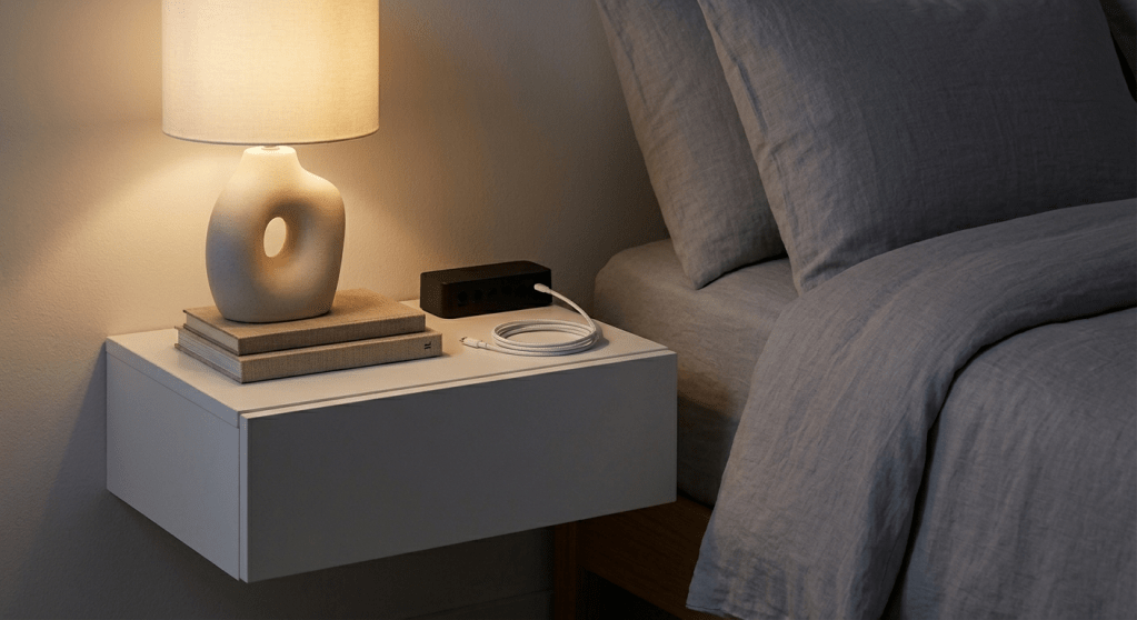 A photorealistic low-light bedroom scene at night, lit by warm bedside lamps. Focus is on a white floating nightstand with grey linen. A sleek modern charging hub is present, but all indicator LED lights are covered seamlessly with small black LightDims dots, showing only faint glows. Braided cables are organized.