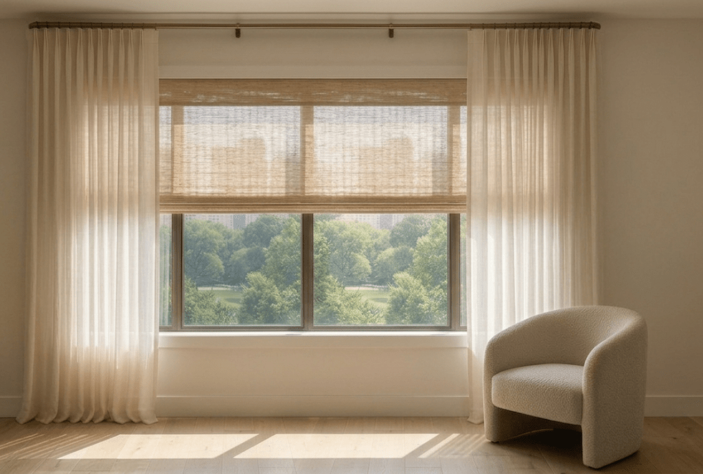 A wide, realistic photograph of a luminous west-facing living room. A large window features subtle heat-reflective film on the glass, a partially lowered woven bamboo Roman shade, and floor-to-ceiling sheer linen curtains in ecru. Soft, filtered light creates a comfortable, 'Thermal Chic' atmosphere
