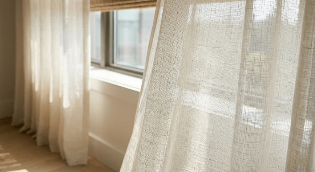 A tight interior photograph highlighting the slub texture of an undyed ecru sheer linen curtain. Soft, diffused light streams gently through the weave, emphasizing its luminous, airy quality and lightness as it pools slightly on the light oak floor.
