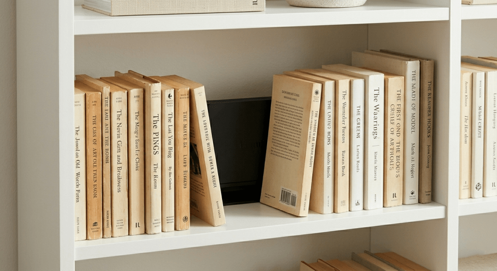 A detailed, photorealistic close-up photograph of a curated row of vintage paperback books on a white matte shelf, creating a false front. A small depth gap is visible where the router is hidden completely from frontal view, tucked behind the spines. Natural daylight highlights the textures of the paper.