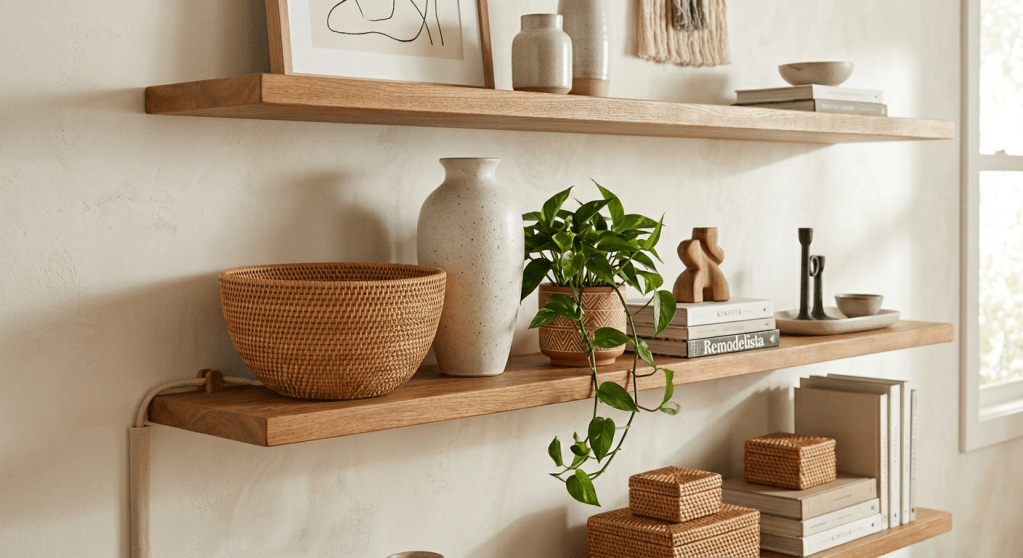 A beautifully styled living room vignette demonstrating how to hide a router in open shelving using a natural open-weave rattan basket. The oak floating shelf is styled in a minimalist boho design, flanked by a tall speckled ceramic vase and a potted Pothos plant with lush green vines trailing downward. On the left edge, a clean fabric cord cover runs vertically down the plaster wall, providing an elegant cable management solution that eliminates visual noise and hidden tech clutter.