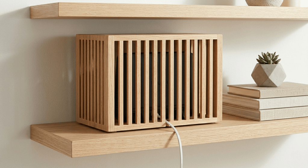 A high-resolution photorealistic photograph of a textured, open-weave rattan basket on a light ash wood shelf. The front is solid texture, but a subtle white power cable exit cutout is visible in the back wall. The shelf is styled calmly with ceramic vases and a trailing Pothos plant.