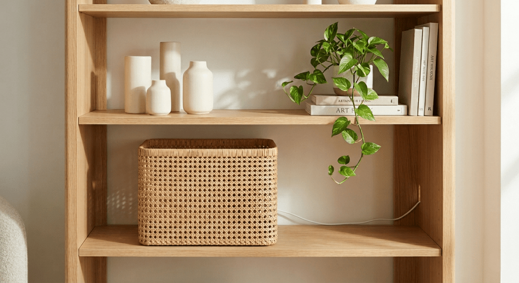 Professional interior photography of a minimalist natural wood open shelving unit styled with ceramic vases, a trailing pothos plant, and neutral books.Soft daylight highlights the clean, organized aesthetic, completely free of visible tech clutter.