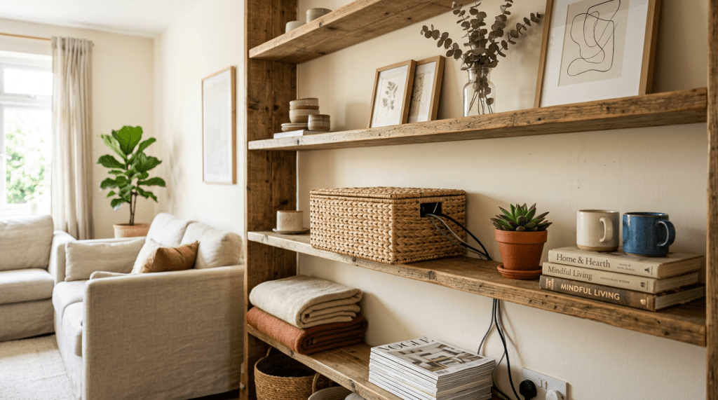Rustic wooden shelves with framed art, woven basket, books, plant, mugs, folded blankets, and woven baskets in living room