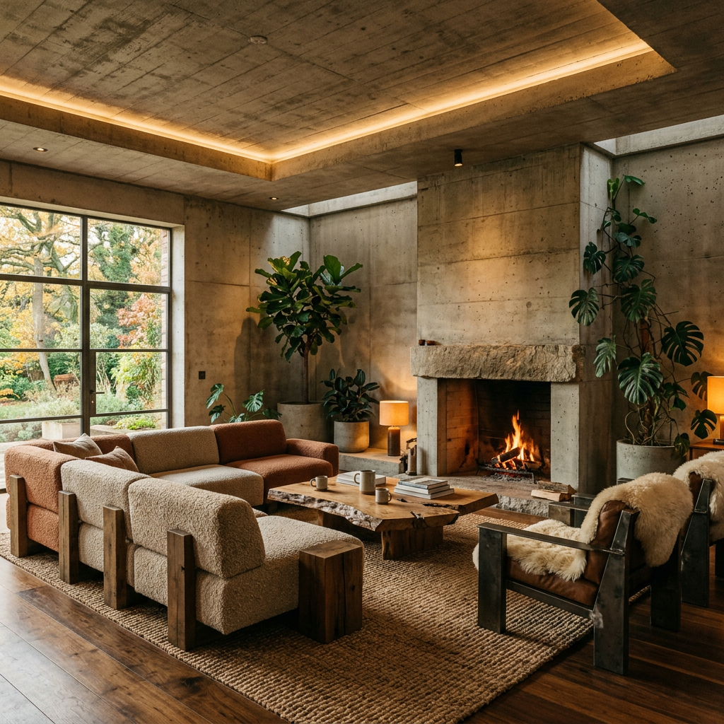 Living room with stone fireplace, large window, plants, and cozy seating