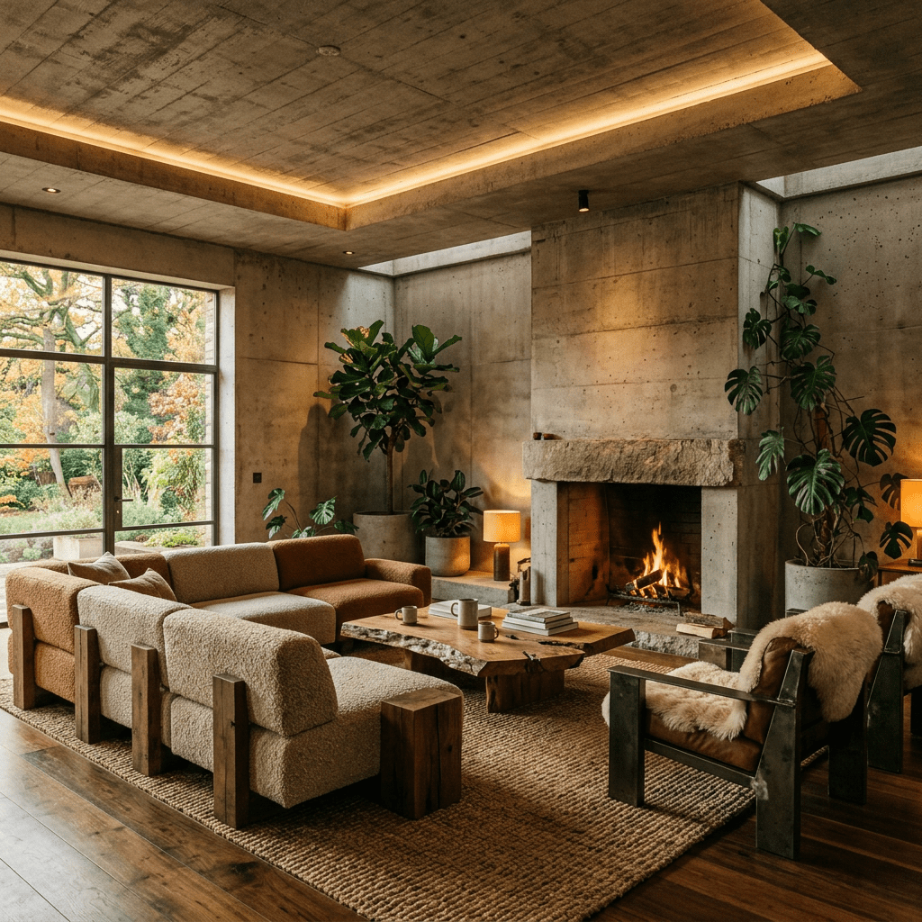 Living room with stone fireplace, large window, plants, and cozy seating