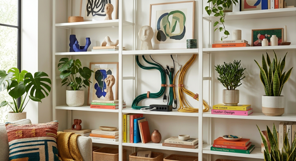 A vibrant, maximalist living room open shelving corner filled with art, sculptures, and plants (Monstera, Snake Plant). Several colorful braided fabric cable sleeves (emerald green, mustard yellow) neatly bundle cables, integrating them into the rich decor with leather ties. Natural daylight illuminates the curated chaos.