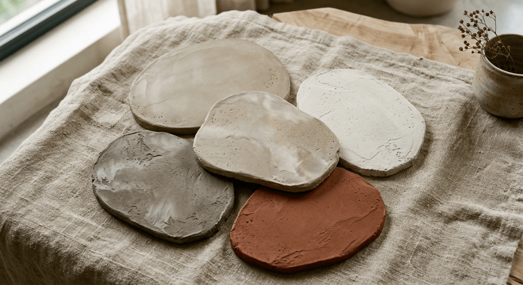 Stylized hand-trowelled microcement swatches arranged like natural stones on a raw linen fabric, showcasing colors: mushroom grey, warm greige, putty, bone, and earthy terracotta.