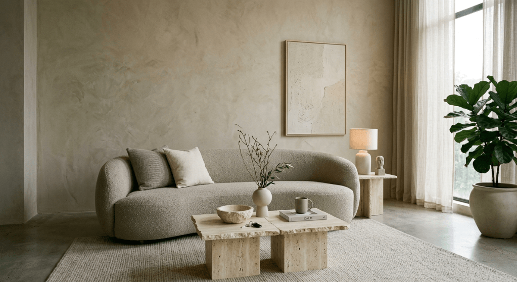 A minimalist living room featuring a hand-trowelled warm putty microcement wall, a curved greige bouclé sofa, and raw travertine accessories under soft, diffused light.