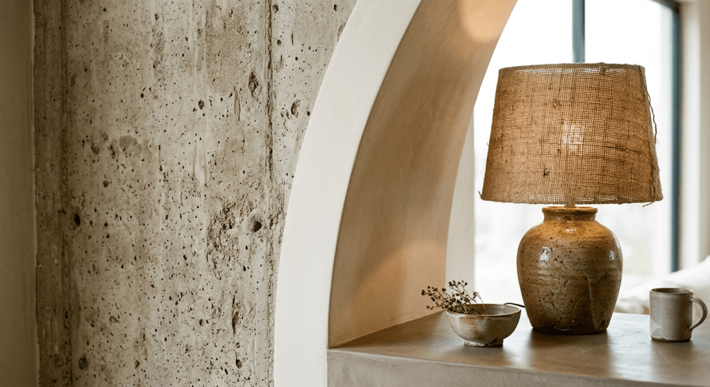 A detailed close-up contrasting a rough, unfinished mushroom-toned concrete panel meeting a perfectly smooth, curved edge. A hand-thrown ceramic lamp with a raw shade rests on a microcement table.
