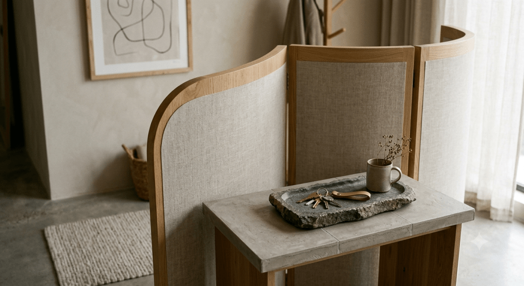 An entryway composition featuring temporary solutions: a table surfaced with adhesive microcement tiles, a raw basalt stone tray holding keys, and a curved Oak wood room divider with removable linen wallpaper.