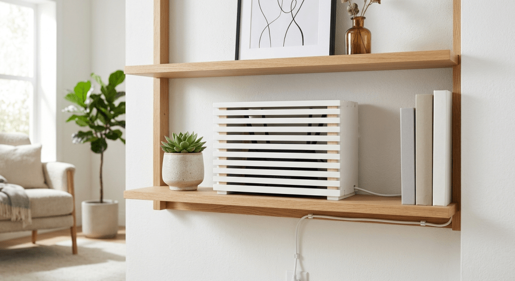 A bright Scandinavian-style living room setup showcasing how to hide a router in open shelving using a minimalist white slatted wooden box. In this file, scandinavian-slatted-router-cover-box-floating-shelf.png.png, the ventilated router cover box sits elegantly on a light oak shelf, allowing for maximum signal passage and airflow while completely concealing the device. The space is styled as a calm design vignette with a small potted succulent and neutral, blank books. Underneath the shelf, a white power cord is neatly routed along the wood using low-profile cable management clips to eliminate visual clutter and lower sensory noise.