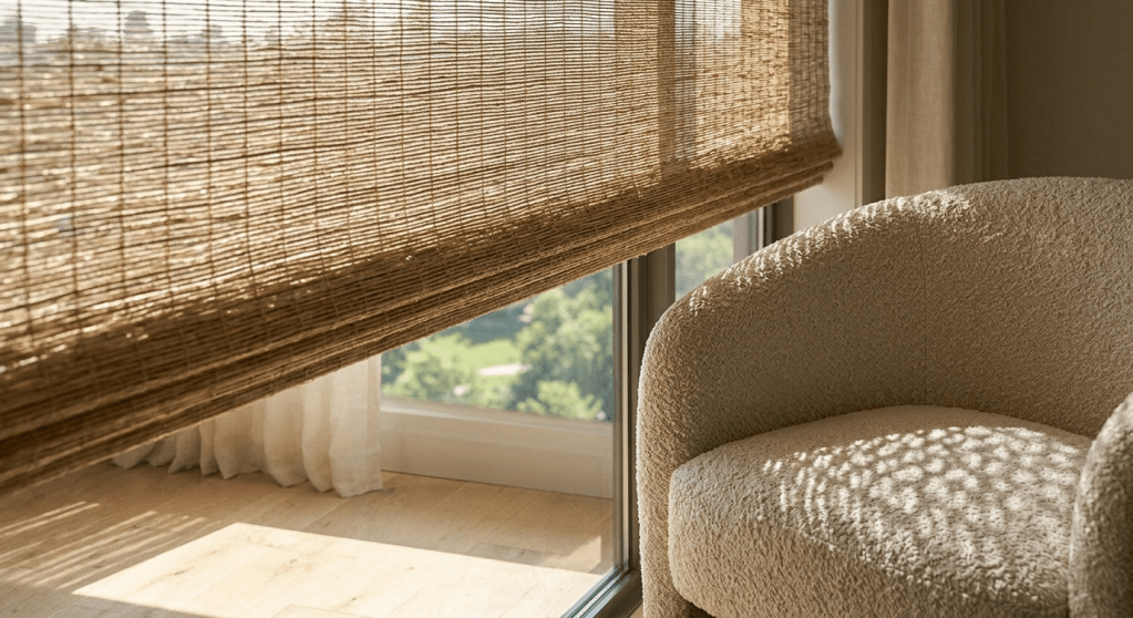 A close-up view of a medium-weave woven bamboo Roman shade, partially lowered. Bright afternoon sunlight filters through the organic texture, casting intricate, soft dappled light patterns across a boucle armchair and light oak floor, effectively diffusing glare.