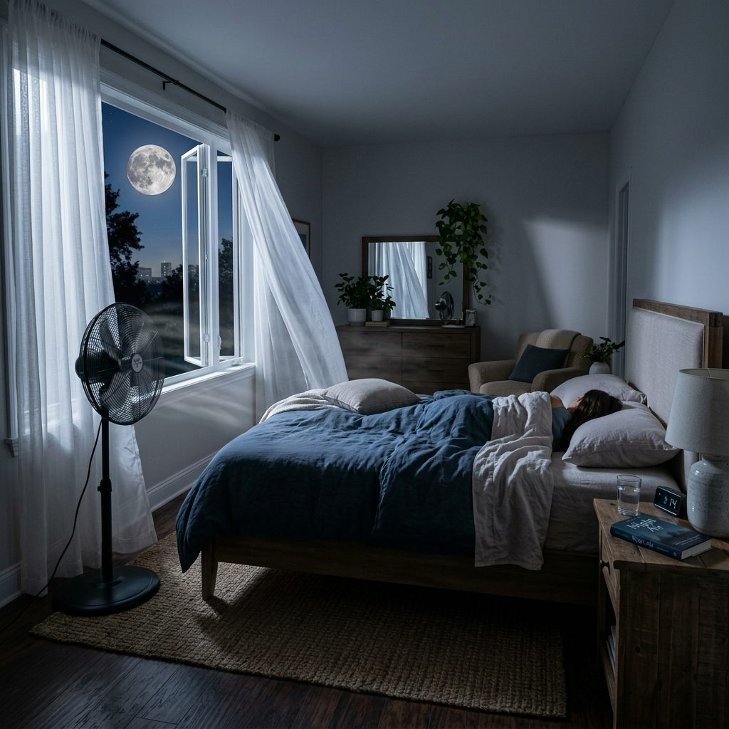 Bedroom at night with open window, fan, person sleeping under blue blanket