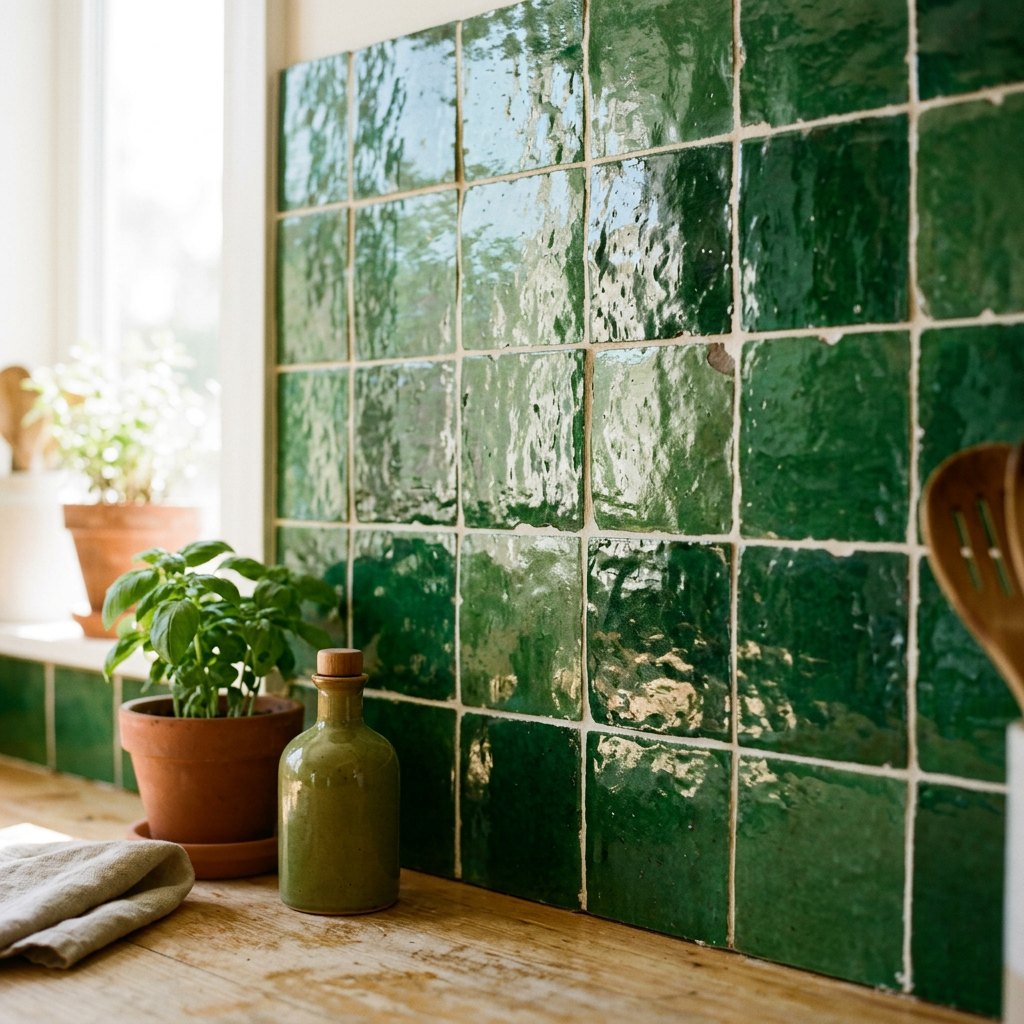 Glossy green square tiles on kitchen backsplash with potted basil and ceramic bottle on wooden countertop