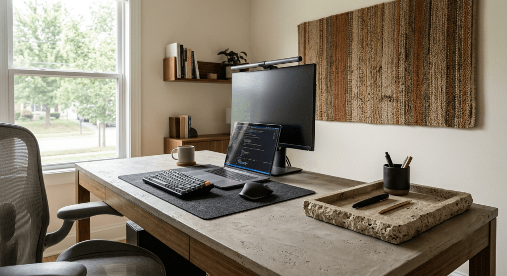 A highly focused home office setup: the desk surface is covered in realistic microcement-look adhesive paneling, a raw travertine tray anchors the corner, and an earth-toned woven acoustic panel hangs in the background