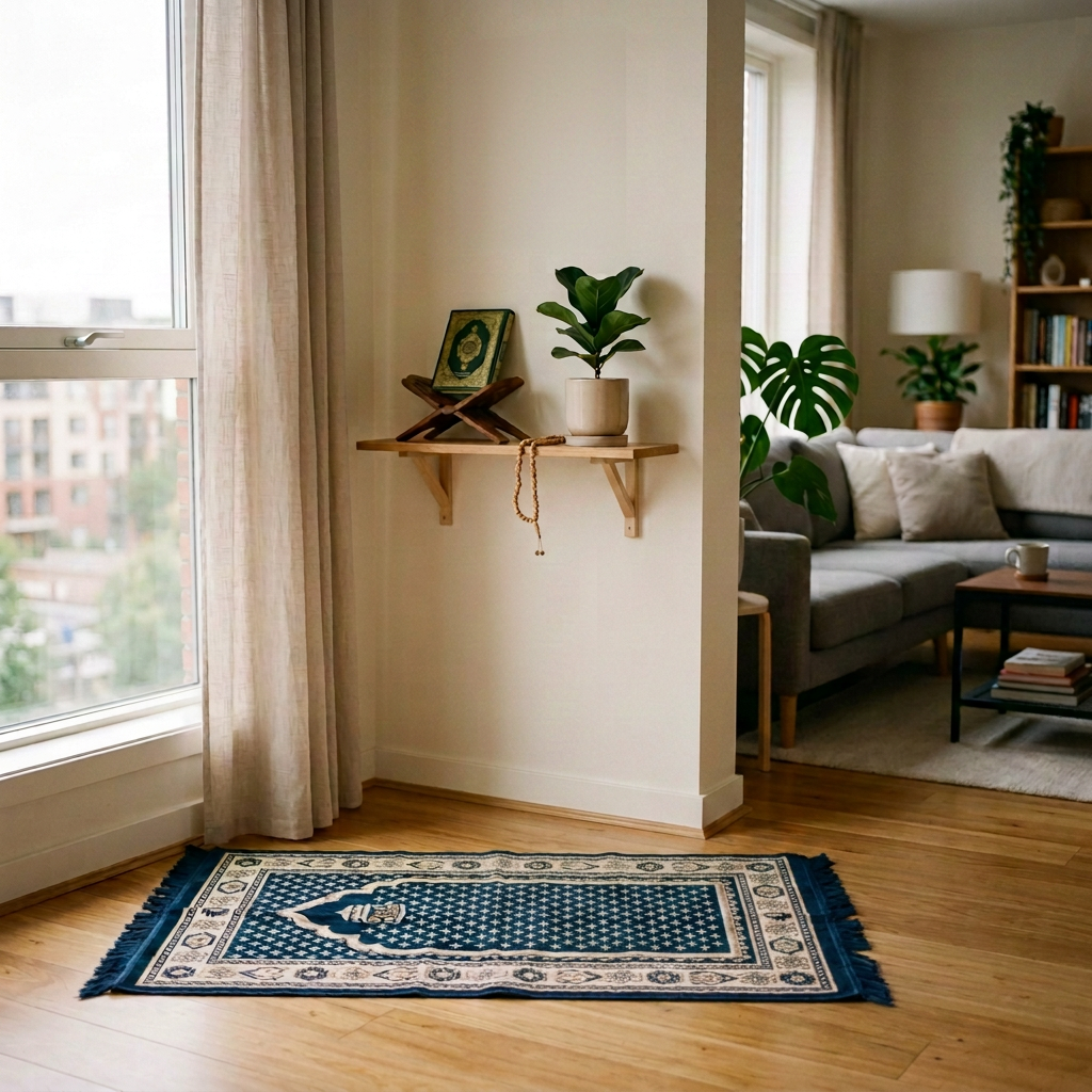 Woman in blue hijab sitting on a prayer rug beside a Quran
